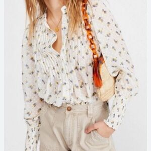 Free People Flowers in December Blouse - Cream and Blue